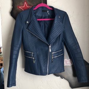 Navy faux leather moto jacket